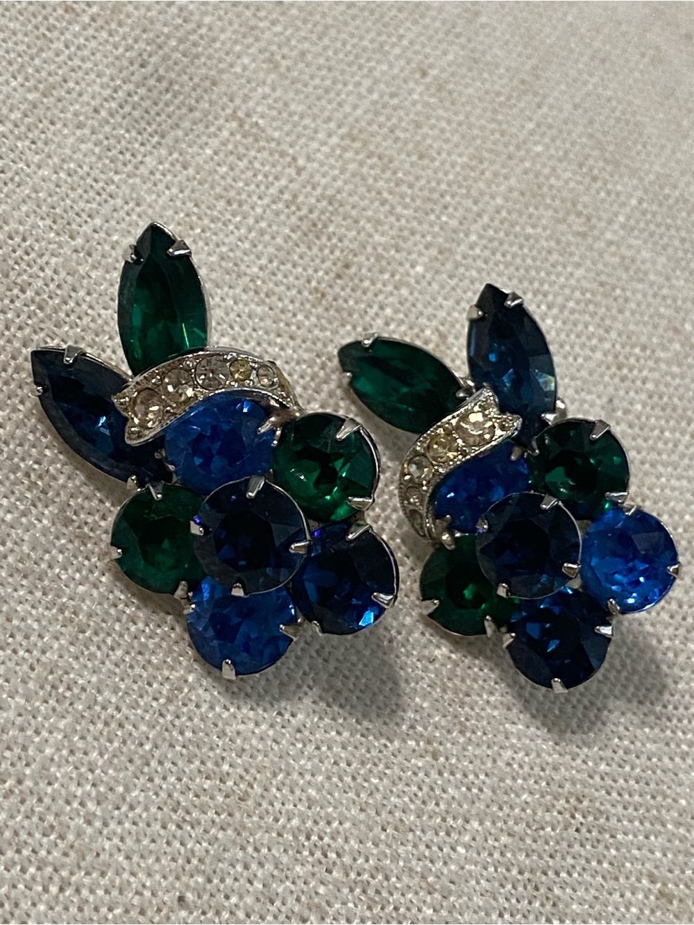 Vintage Eisenberg Clip-on Earrings Blue Green Crystal Floral Spray Silver Tone